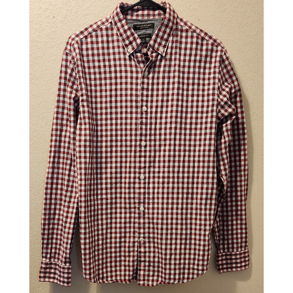 BANANA REPUBLIC Mens Medium Shirt Luxe Flannel Check Camden Fit Red/Black/Ivory